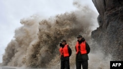 菲特侵襲浙江時激起巨浪