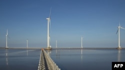 Một nhà máy điện gió dọc theo bờ biển ở tỉnh Bạc Liêu, Việt Nam.