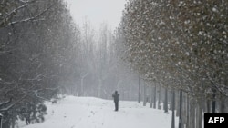 一名男子在北京拍照雪景。 （2023年12月13日）
