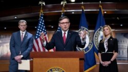 美國眾院議長約翰遜在國會舉行記者會。(2024年2月29日）