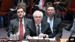 俄罗斯驻联合国大使丘尔金3月15日在联合国安理会上发言