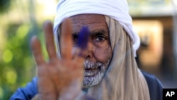 一埃及老人在宪法公决投票后显示自己沾墨水的手指