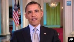 图为奥巴马总统4月21日发表例行每周讲话时