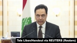 Lebanon, Beirut, Lebanon's Prime Minister Hassan Diab speaks at the government palace 