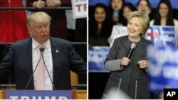 超级星期二的前一天，共和党总统参选人川普（左）在弗吉尼亚州、民主党总统参选人克林顿在麻萨诸塞分别开展竞选活动。（2016年2月29日）