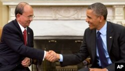 2013年5月20日美國總統奧巴馬在白宮握手歡迎緬甸總統吳登盛的訪問。