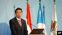 2014年11月4日中華人民共和國公安部副部長孟宏偉在摩納哥舉行的第83屆國際刑警組織大會上致辭。