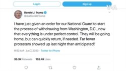 特朗普總統下令從華盛頓撤走國民警衛隊