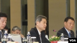 中国国台办主任张志军于第二次两岸事务首长会议会前致词 (2014年6月25日，美国之音张佩芝拍摄)