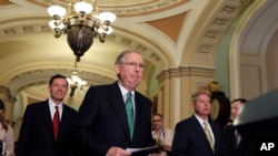 参议员麦康奈尔（前一）在华盛顿准备对媒体讲话