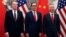 美国财政部长姆努钦(中)、美国贸易代表莱特希泽(左)与中国副总理刘鹤在北京钓鱼台国宾馆举行美中贸易谈判前合影(2019年5月1日)