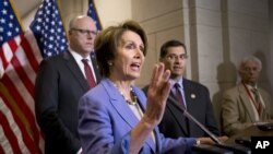 众议院少数党领袖佩洛西(中)在国会记者会上发表讲话表示要讨论参议院通过的财政悬崖提案