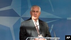 U.S. Secretary of State Rex Tillerson addresses the press before a meeting of NATO foreign ministers at NATO headquarters in Brussels, March 31, 2017. 