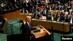 美國總統川普9月19日在他首次聯大演講中。