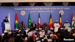 法国总统马克龙在马里总统府举行的首脑会议上讲话（2017年7月2日）