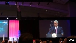 美國副總統彭斯2019年5月6日在衛星工業年會上發言（美國之音黎堡）