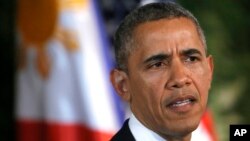 4月28日奥巴马总统在与菲律宾总统举行的联合记者会上谈到美国对俄罗斯的制裁