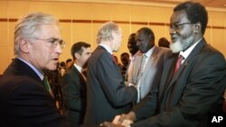 參加和談的南蘇丹政府代表團成員與西方觀察員在埃塞俄比亞首都的一家酒店會面。（2013年1月4日）