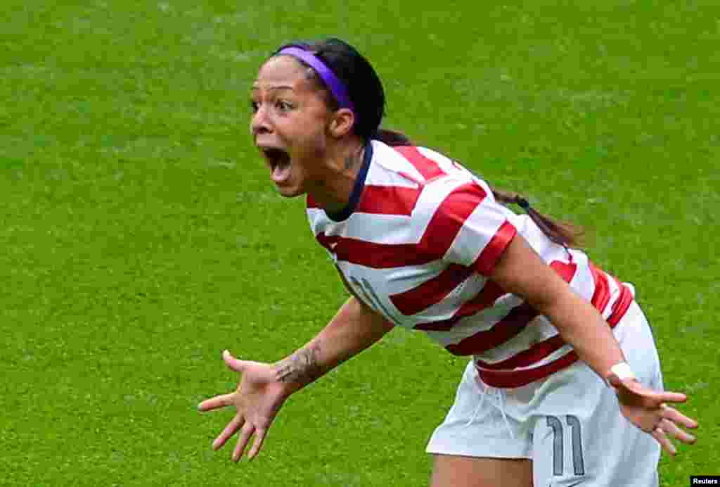 USA's Sydney Leroux celebrates scoring against New Zealand in their women's quarter final soccer match.