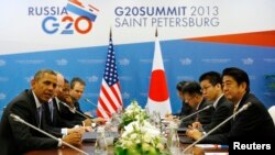 9月5日美国总统奥巴马在G20峰会上与日本首相安倍晋三讨论叙利亚局势