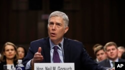 川普总统提名的最高法院大法官、联邦上诉法官尼尔·戈萨奇在参议院司法委员会确认听证会上（2017年3月21日）