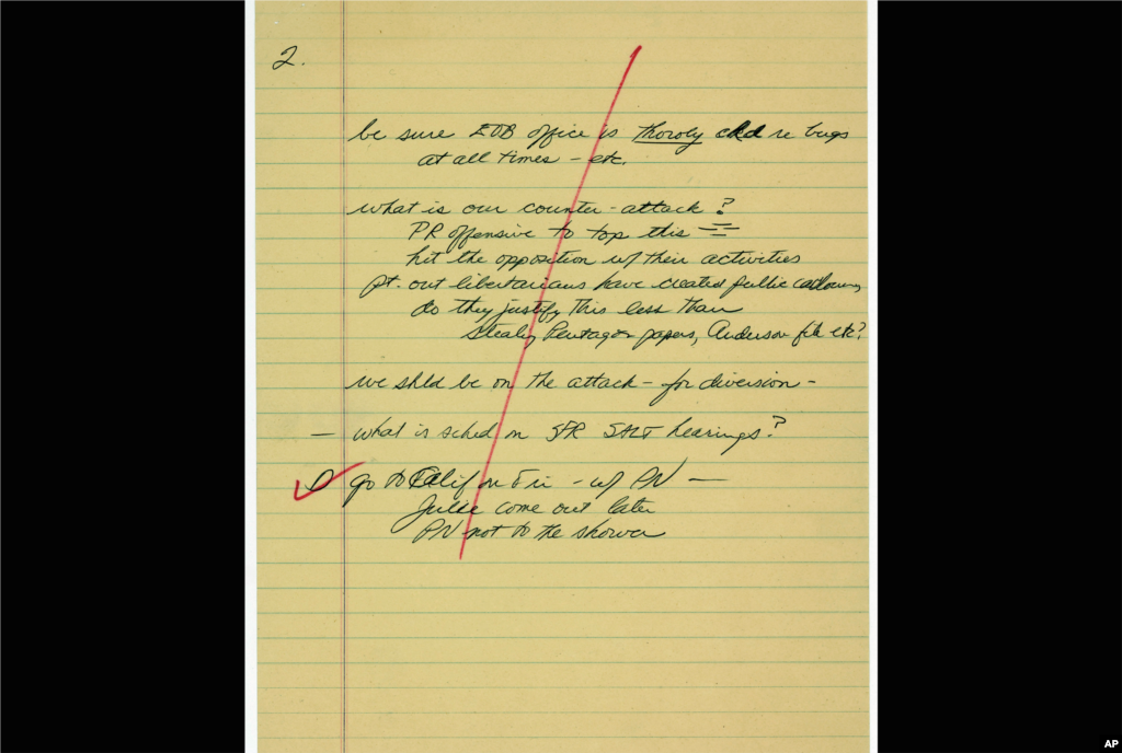 Notes taken by White House chief of staff H.R. Haldeman during a June 20, 1972, meeting with President Richard M. Nixon reflect the president&#39;s fear that the office in the Executive Office Building might be bugged. (AP Photo)