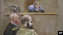 法庭素描圖像顯示﹐美國陸軍心理醫生尼達爾.哈桑少校出席庭審。