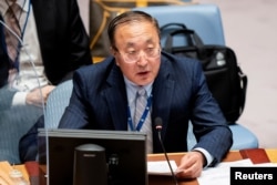 中國常駐聯合國代表張軍2021年9月23日在聯合國安理會上發言（路透社）