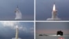官方朝中社公布的组合照片显示朝鲜从潜艇发射一枚弹道导弹。(2021年10月19日)