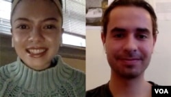 芝加哥大學學生艾薇塔·達菲(Evita Duffy)，芝加哥大學學生剋拉克·科瓦克斯(Clark Kovacs) 接受美國之音採訪截圖