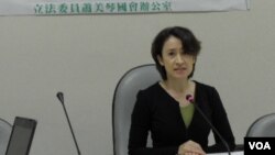 民进党立委萧美琴2月23日在立院记者会上(美国之音申华拍摄)