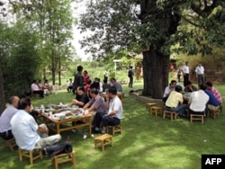 游客在农家乐的树阴下用餐