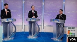 3位特首選舉候選人(左起)梁振英、唐英年、何俊仁，今年3月中出席選舉電視論壇，當時唐英年的違建問題成為焦點