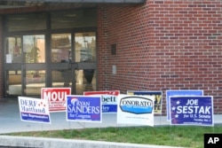 投票站前插满竞选广告牌(资料照片)