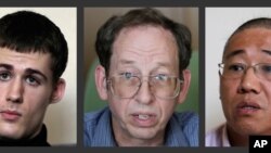 三名被朝鲜扣押的美国公民，从左往右依次为马修•米勒、杰弗里•福尔和裴埈浩。