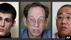 仍被朝鲜当局关押的两名美国人米勒（左）、裴埈皓（右）；福尔（中）已被释放