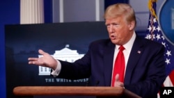 President Donald Trump speaks about the coronavirus in the James Brady Press Briefing Room of the White House, April 8, 2020.