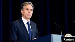 資料照片：美國國務卿布林肯在美國國務院的一次記者會上講話。 (2021年9月16日)