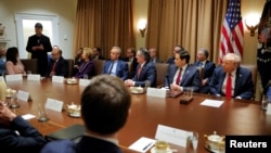 Илон Маск выступает в Белом доме на первом заседании кабинета, которое проводит президент США Дональд Трамп. 26 февраля 2025 г. REUTERS/Брайан Снайдер.