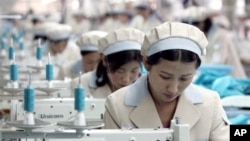 朝鲜女工在开城一家韩国公司制衣厂操作