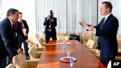 英国首相卡梅伦（右）2月19日在欧盟峰会暂停期间同意大利总理交谈。
