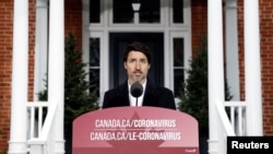 加拿大總理杜魯多3月29日就新冠病毒疫情對媒體發表講話。
