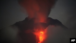 Mount Sinabung spews lava and gas during its eruption as seen from Jeraya, North Sumatra, Indonesia, early Jan. 20, 2014. 