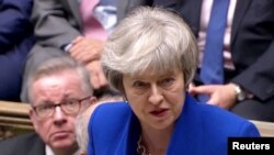 英國首相特蕾莎·梅在倫敦贏得信任投票後發表講話。 （2019年1月16日）