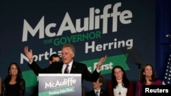 赢得维吉尼亚州长选举的麦考利夫星期二夜晚发表胜选演说。