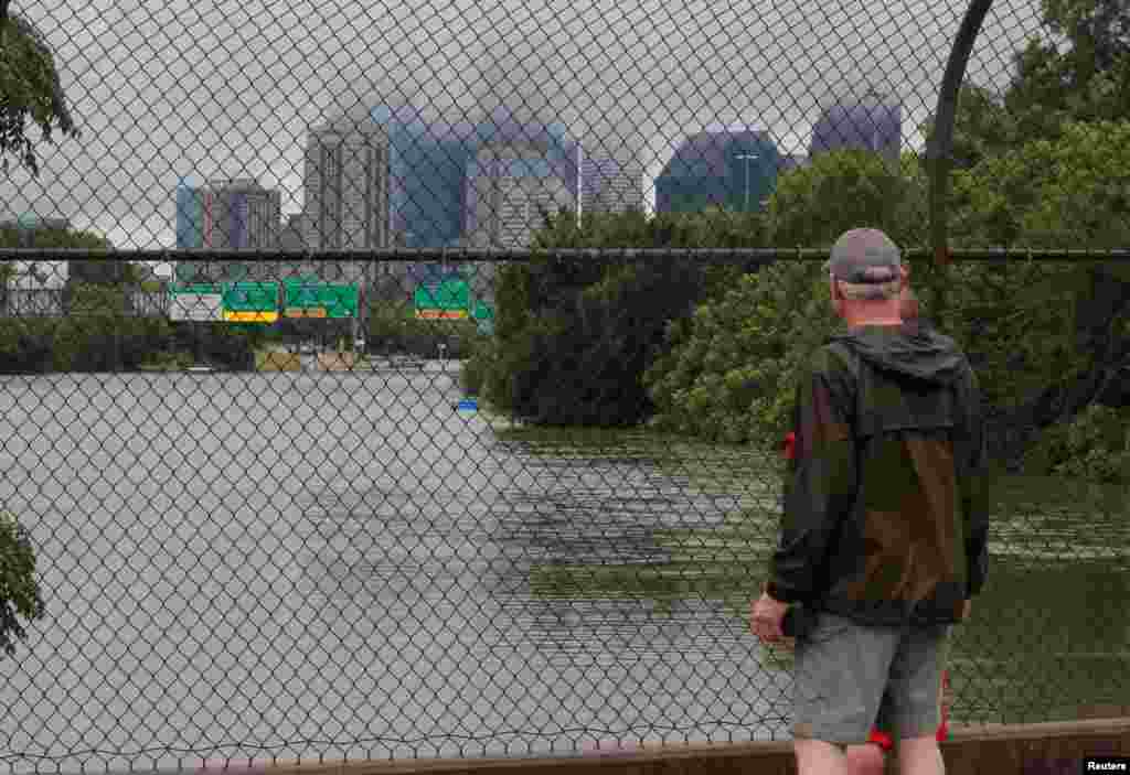 Interstate highway 45 is submerged from the effects of Hurricane Harvey seen during widespread flooding in Houston, Texas, Aug. 27, 2017.