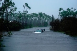 Cars sit submerged in water from Hurricane Dorian in Freeport, Grand Bahama. Dorian is beginning to inch northwestward after being stationary over the Bahamas, where its relentless winds have caused catastrophic damage and flooding.
