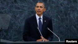 美國總統奧巴馬正在紐約召開的聯合國大會上發表講話。