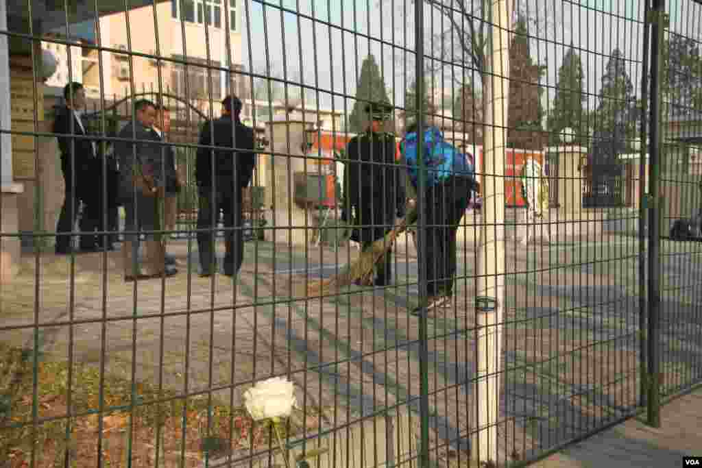 圍牆下一束來自無名氏的白玫瑰（美國之音東方拍攝）