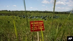 在橙剂清理工作开工典礼上，前美军岘港机场二恶英污染土地插上了警告牌